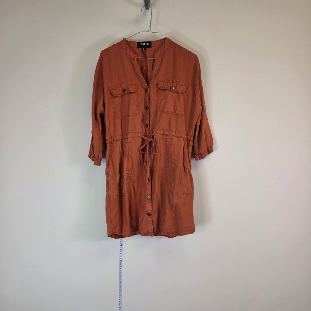 C'est Toi Rust Orange Utility Shirt Dress Drawstring Waist Pockets Small